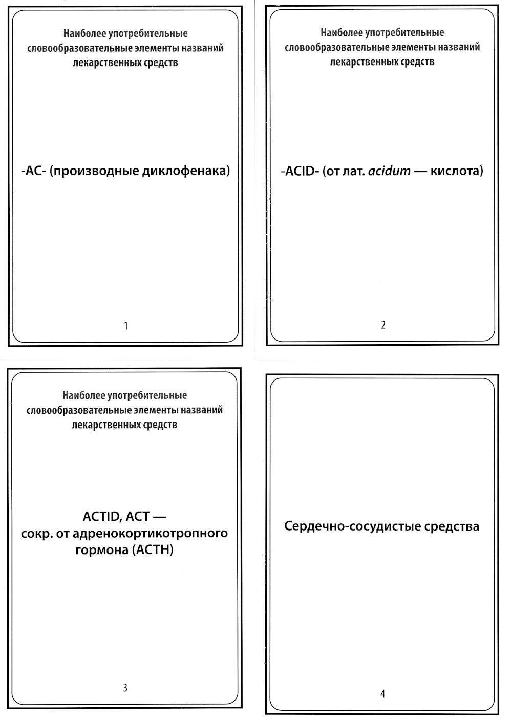 Наиболее употребительные словообразовательные элементы названных лекарственных средств: тематические карточки.