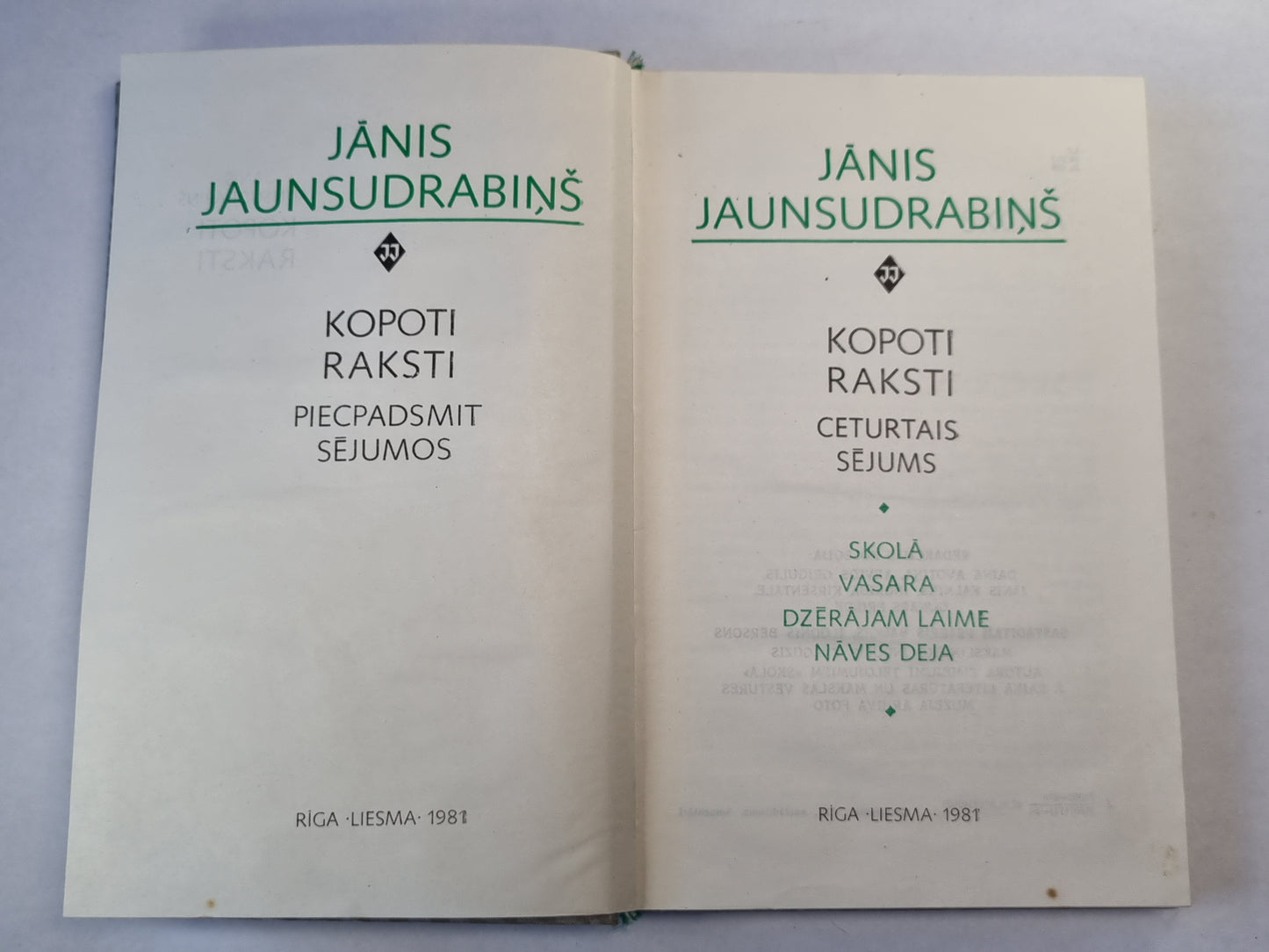 J. Jaunsudrabiņš. Kopoti raksti 4. Skola. Vasara. Dzerājam laime. Naves déjà