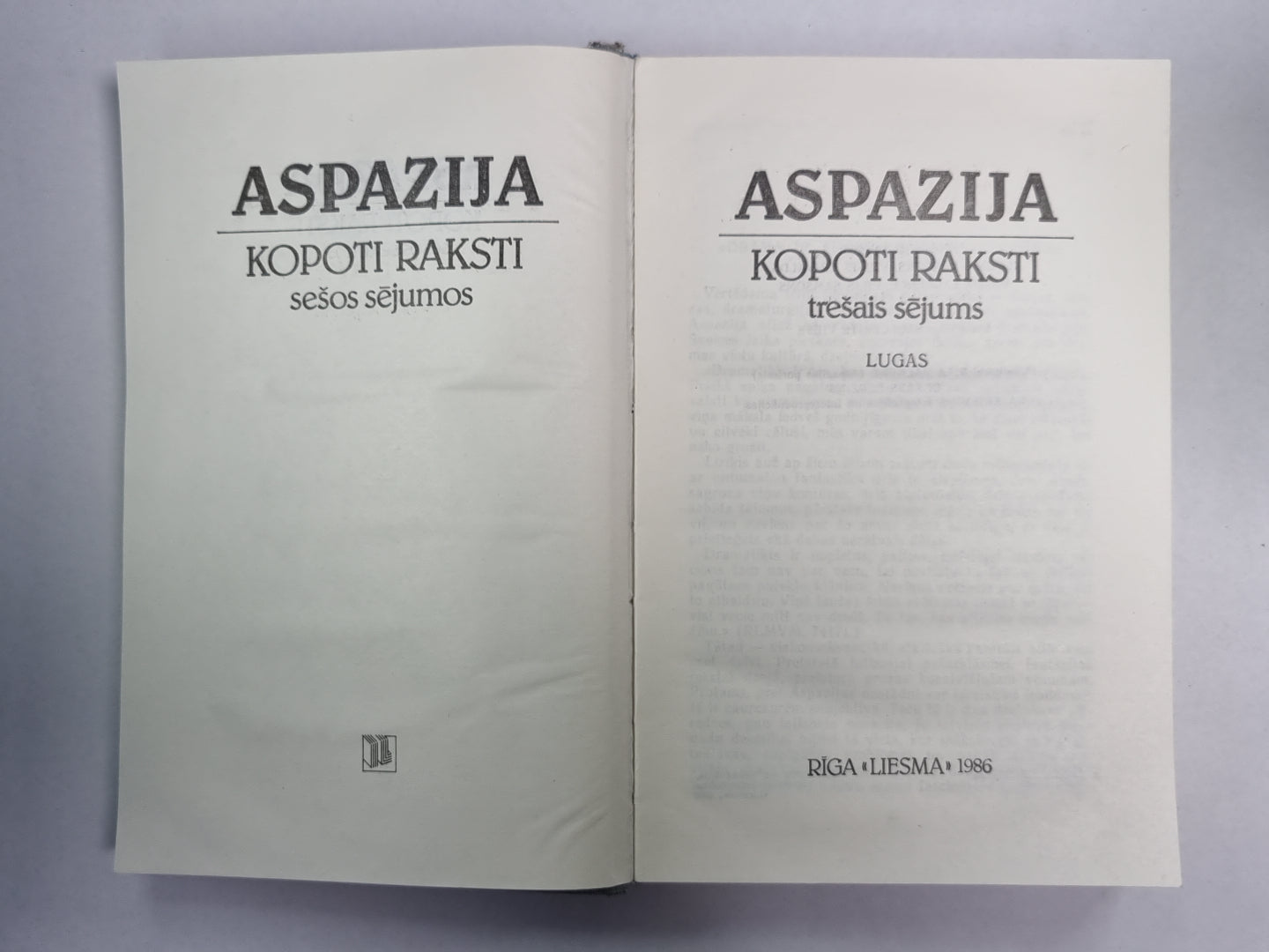 Лугас. Аспазия. Kopoti raksti sešos sējumos. 3.сеюмы